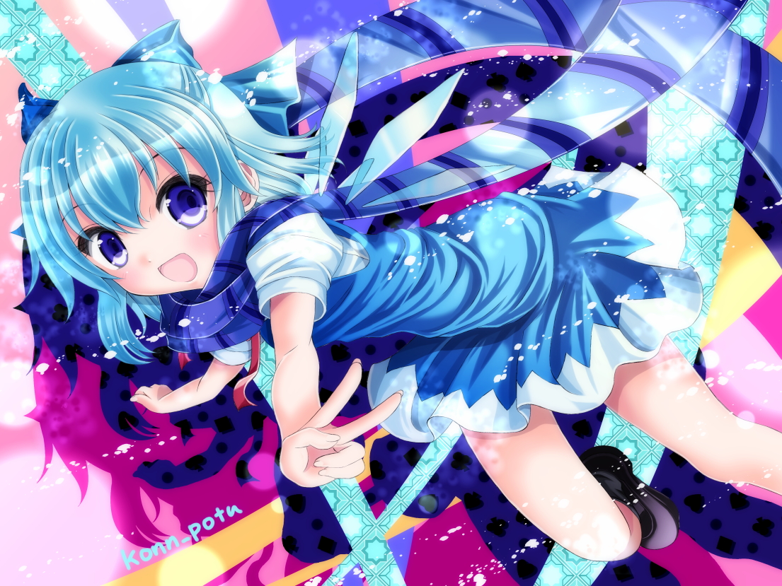 Touhou, Cirno, blue, eyes, hair, blush, fairy, happy, ribbon, scarf, short, , , anime, picture, , |, , , pictures