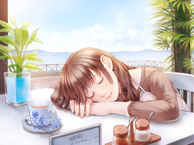 Anime, CG, Pictures, beverage, brown, hair, long, sleep, smile, tree, , , picture, , |, , 