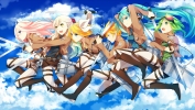 Shingeki no Kyojin Vocaloid : Gumi Hatsune Miku IA Kagamine Len Kagamine Rin Mayu 105672
ahoge angry blonde hair blue eyes blush bodysuit boots braids crossover goggles green group hairpins jacket long pink ribbon short sky sword twin tails yellow   anime picture