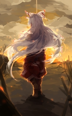 Touhou : Fujiwara no Mokou 106171
 586667  touhou  fujiwara no mokou   ( Anime CG Anime Pictures        ) 106171   : Shoko  pixiv1950701 
boots long hair pants ribbon sky sunset white   anime picture