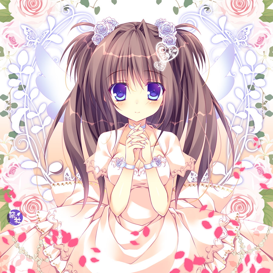 Anime, CG, Pictures, blue, eyes, blush, brown, hair, butterfly, choker, dress, flower, happy, long, twin, tails, wings, , , picture, , |, , 