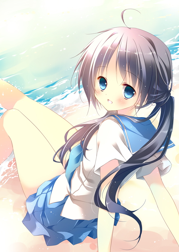 Anime, CG, Pictures, ahoge, beach, black, hair, blue, eyes, blush, happy, long, seifuku, twin, tails, water, , , picture, , |, , 