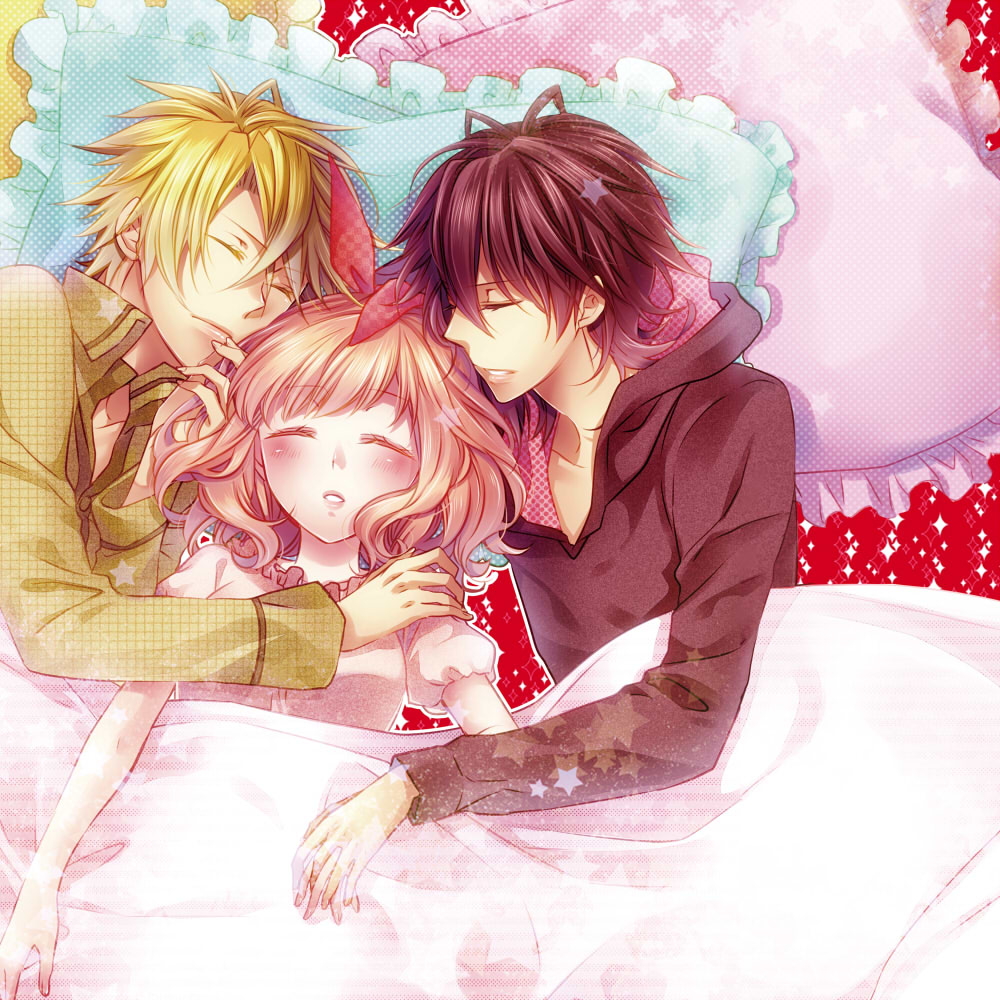 Amnesia, Heroine, Shin, Toma, blonde, hair, blush, brown, group, hoodie, pillow, short, sleep, , , anime, picture, , |, , , pictures