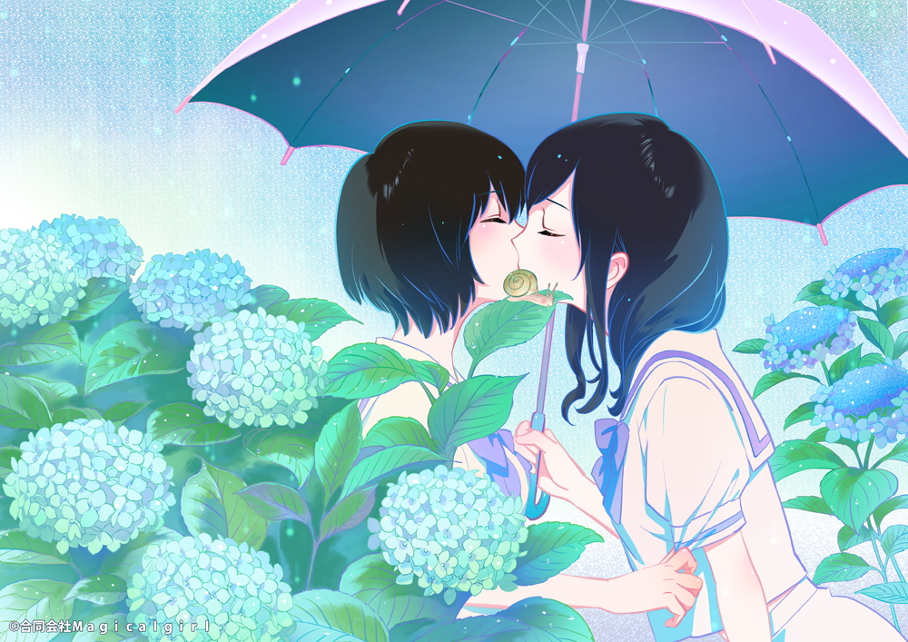 Anime, CG, Pictures, animal, black, hair, couple, flower, kiss, long, rain,...