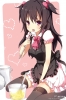 Anime CG Anime Pictures      114250
apron black hair blush dress eating food heart long red eyes ribbon thigh highs tongue twin tails   anime picture
