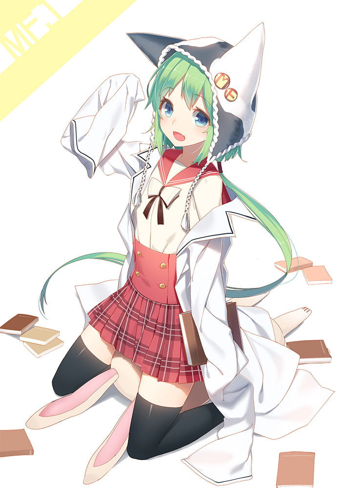 MF, Bunko, animal, ears, blue, eyes, blush, book, fang, green, hair, happy, jacket, long, ponytail, seifuku, stuffed, thigh, highs, , , anime, picture, , |, , , pictures
