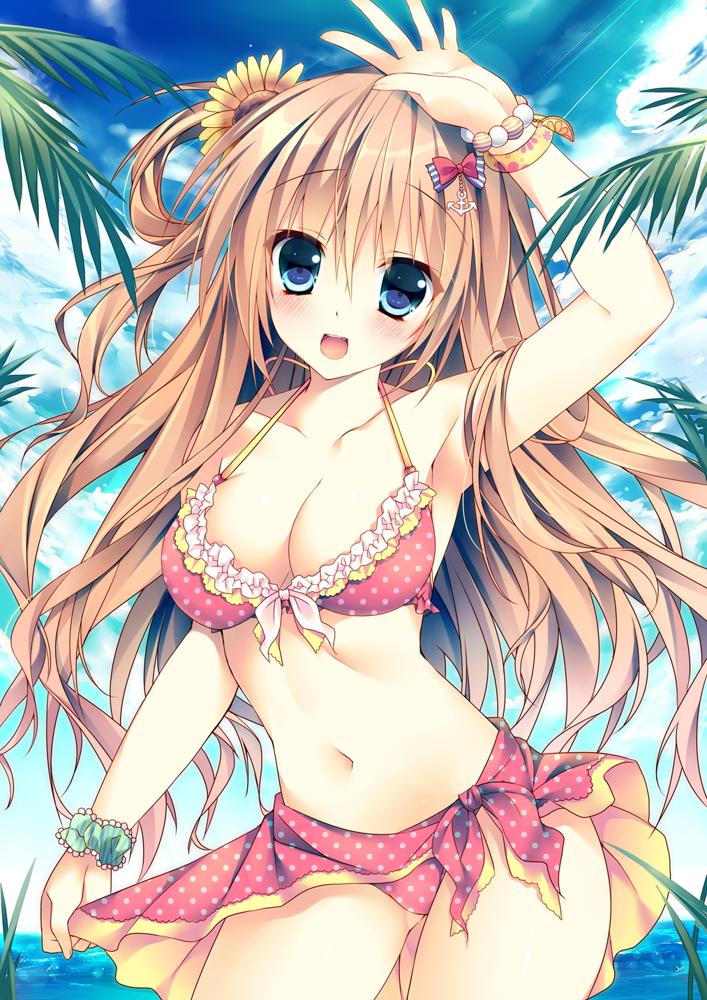 Anime, CG, Pictures, beach, bikini, blonde, hair, blue, eyes, blush, flower...