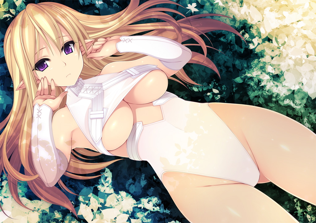 Anime, CG, Pictures, blonde, hair, long, pointy, ears, purple, eyes, tree, картинка...