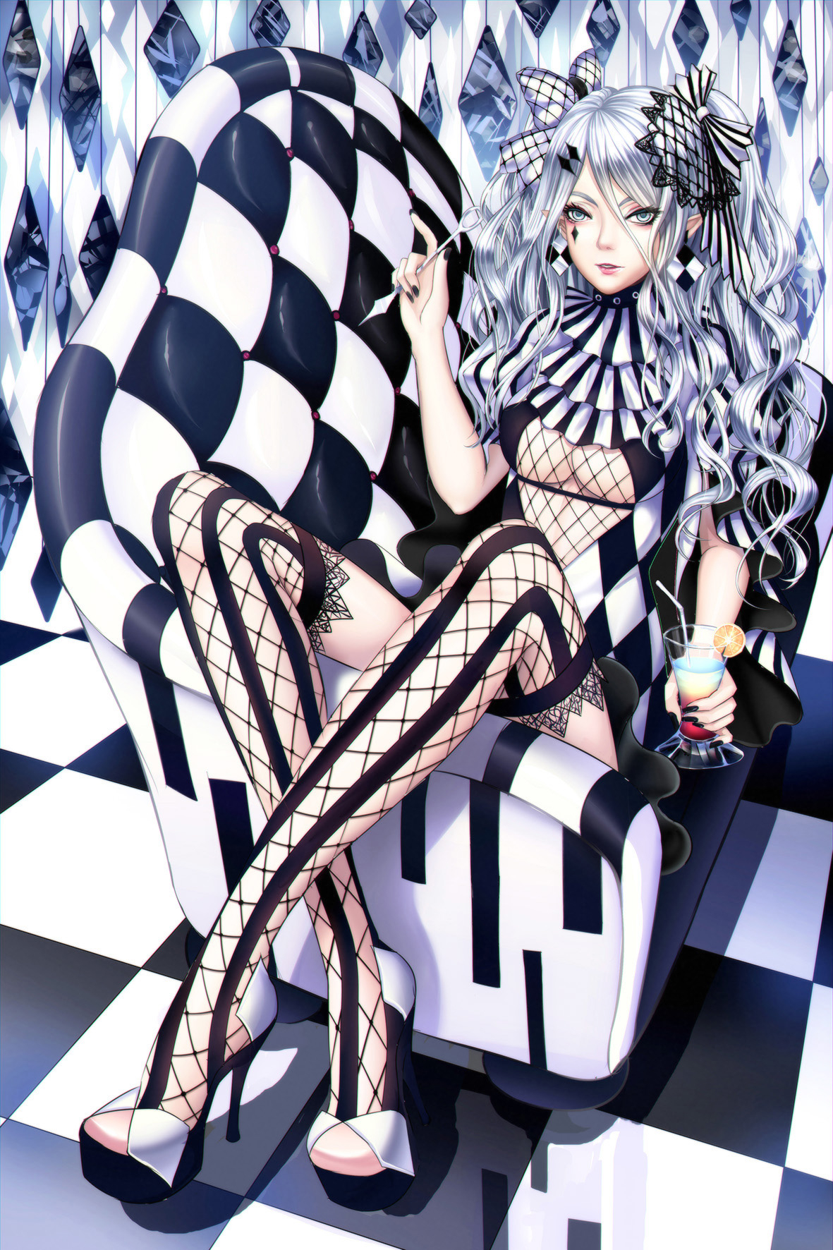 Anime, CG, Pictures, beverage, blue, eyes, high, heels, long, hair, nail, p...