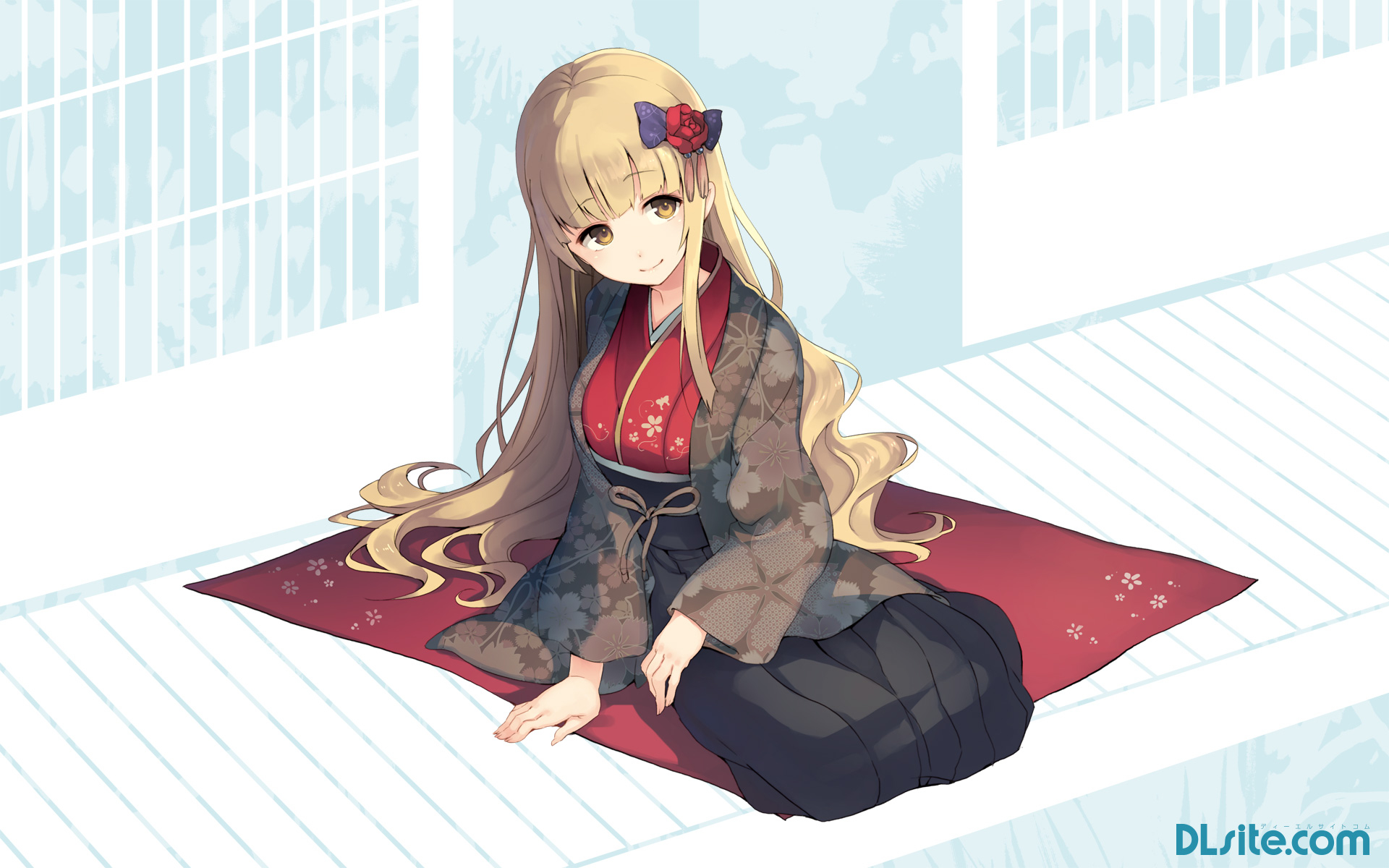 Anime, CG, Pictures, blonde, hair, flower, hairpins, hakama, long, smile, wallpaper, yellow, eyes, , , picture, , |, , 