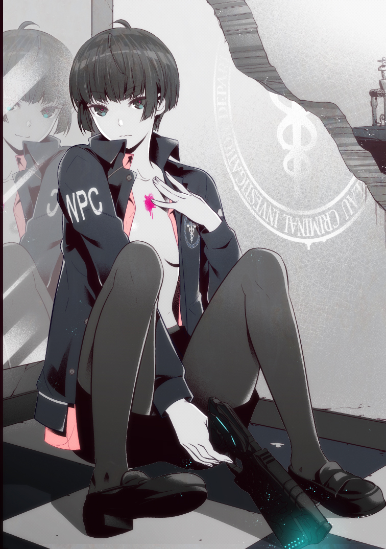 Psycho, Pass, Tsunemori, Akane, ahoge, black, eyes, hair, blue, brown, jacket, pantyhose, short, skirt, smile, , , anime, picture, , |, , , pictures