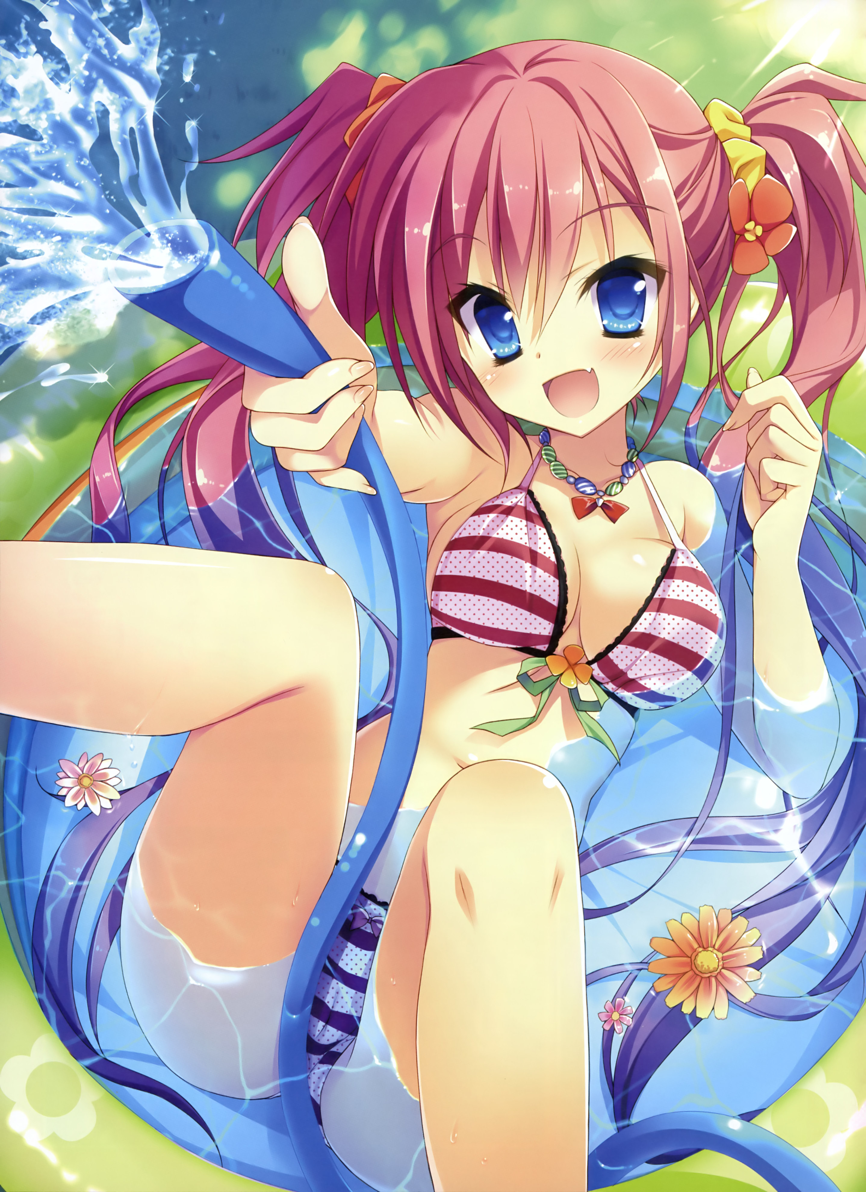 Anime, CG, Pictures, bikini, blue, eyes, blush, fang, flower, happy, long, ...
