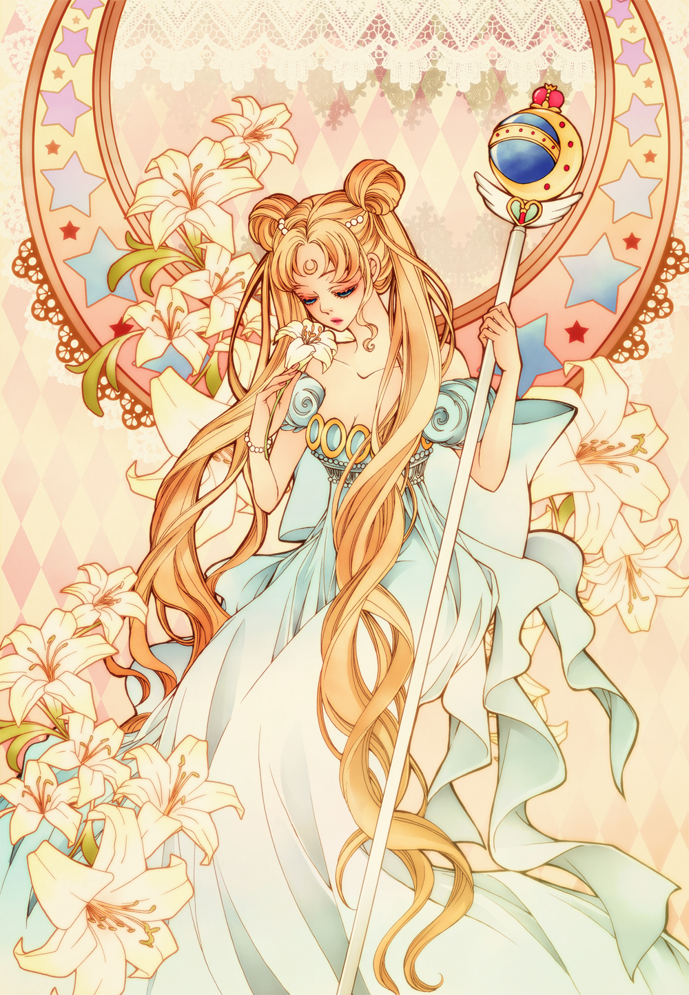 Sailor, Moon, Princess, Serenity, blonde, hair, blue, eyes, dress, flower, jewelry, long, odango, staff, stars, twin, tails, , , anime, picture, , |, , , pictures