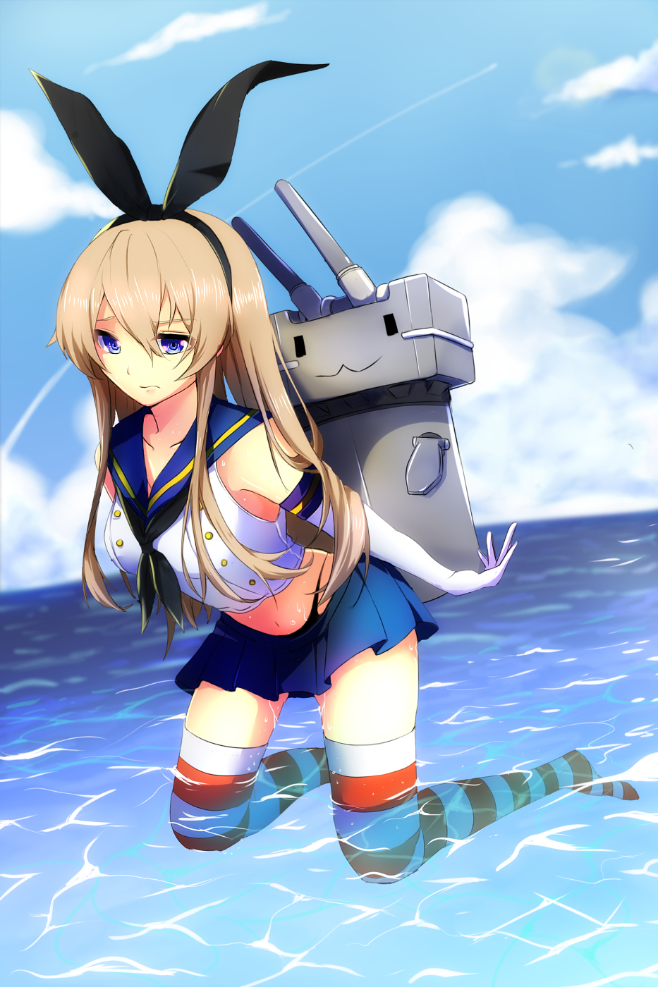 Kantai, Collection, Rensouhou, chan, Shimakaze, anthropomorphism, bikini, blonde, hair, blue, eyes, gloves, band, long, skirt, thigh, highs, water, weapon, , , anime, picture, , |, , , pictures
