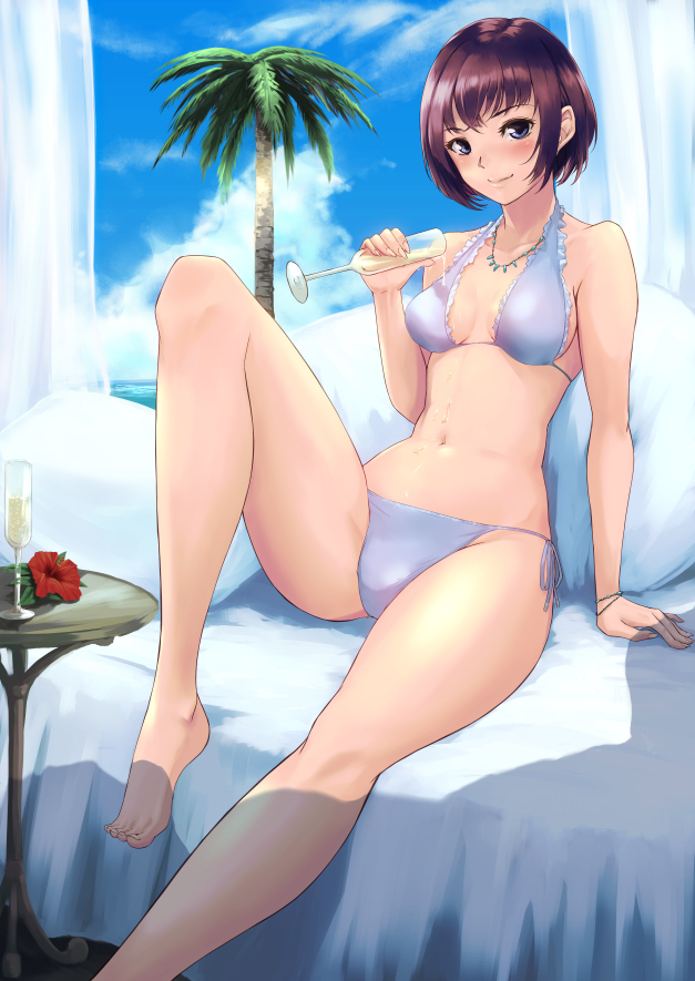 Anime, CG, Pictures, barefoot, beverage, bikini, blue, eyes, blush, brown, hair, flower, jewelry, short, smile, tree, water, , , picture, , |, , 