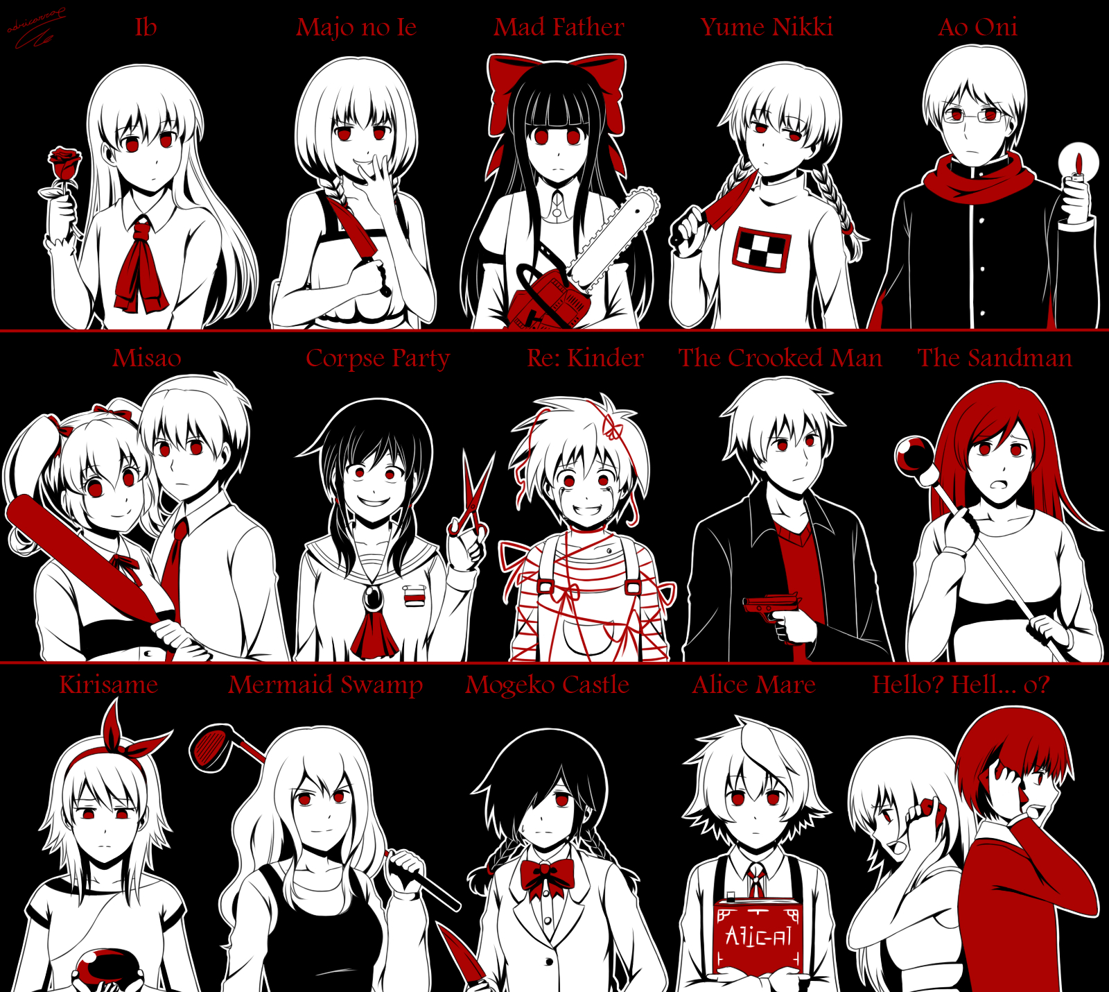 Alice, Mare, Ao, Oni, Corpse, Party, Blood, Covered, Hello, Hell, Ib, Kirisame, furu, Mori, Mad, Father, Mermaid, Swamp, Misao, Mogeko, Castle, Re, Kinder, The, Crooked, Man, Sandman, Witchs, House, Yume, Nikki, Akari, Aki, Akito, Allen, Aya, Drevis, David, Hoover, Hiroshi, black, hair, book, braids, crossover, crying, fire, flower, genderswap, group, band, happy, long, megane, overalls, eyes, ribbon, scarf, short, smile, sweatdrop, sweater, telephone, twin, tails, weapon, , , anime, picture, , |, , , pictures