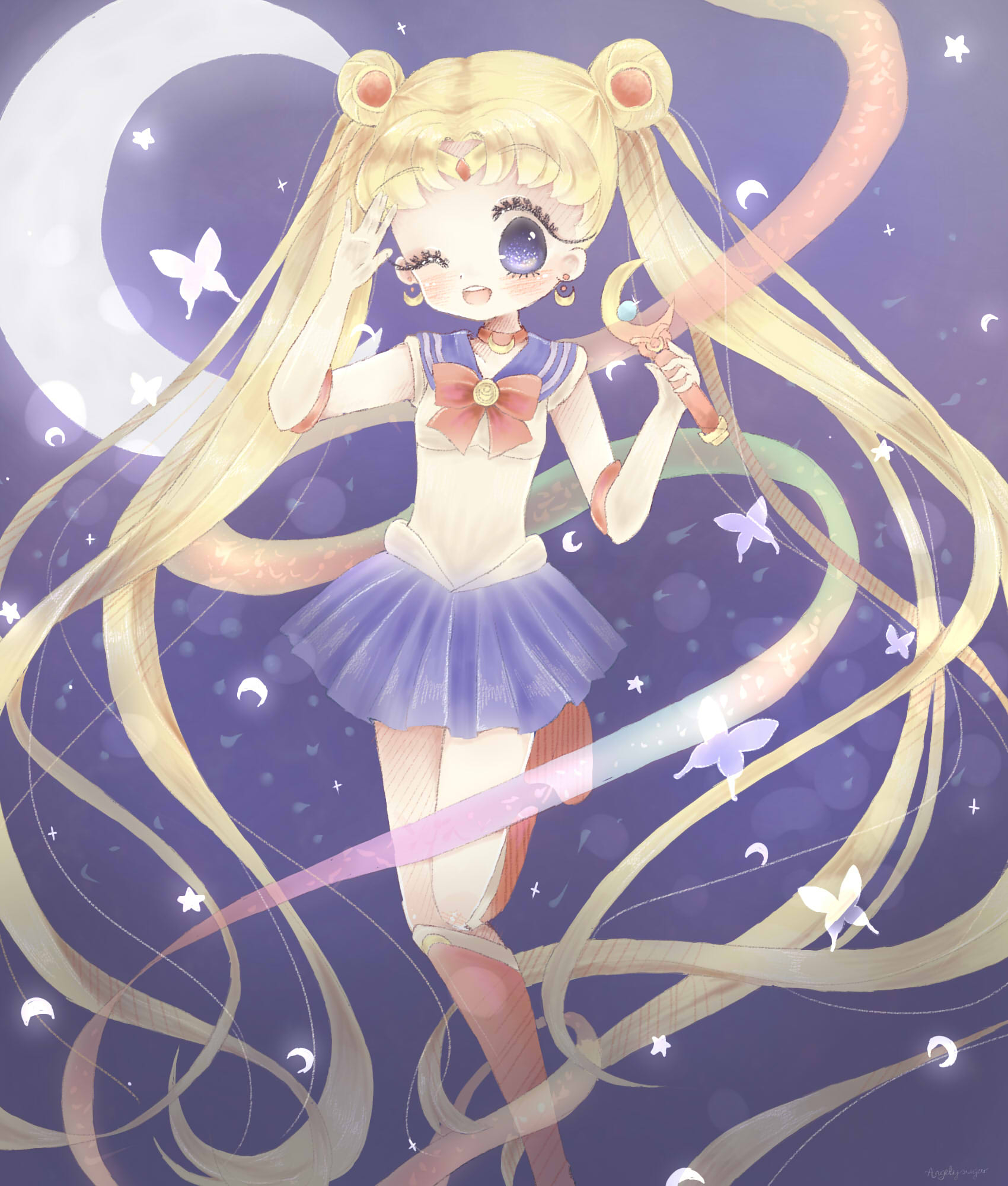 Sailor, Moon, blonde, hair, blue, eyes, boots, butterfly, gloves, happy, jewelry, long, mahou, shoujo, skirt, staff, stars, twin, tails, wink, , , anime, picture, , |, , , pictures