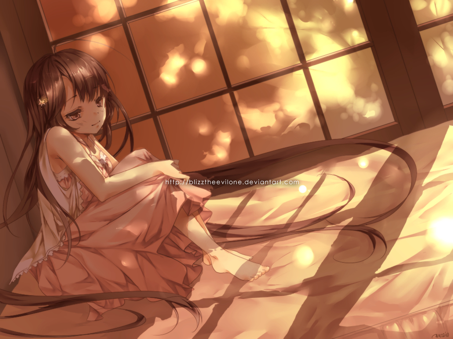 Anime, CG, Pictures, ahoge, barefoot, brown, eyes, hair, dress, hairpins, long, smile, , , picture, , |, , 