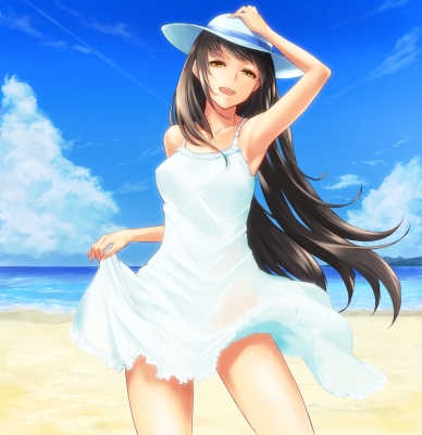 Anime CG Anime Pictures      180245
 666809   ( Anime CG Anime Pictures      ) 180245   : DIN  DIN Raiden 
beach black hair brown eyes happy hat long sky sundress water   anime picture