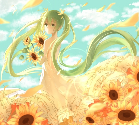 Vocaloid : Hatsune Miku 180256
 666814  vocaloid  hatsune miku   ( Anime CG Anime Pictures      ) 180256   : Qian Mo
flower green eyes hair long sky smile sundress twin tails   anime picture