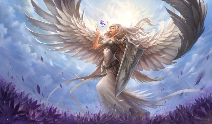 Anime CG Anime Pictures      180350
 666916   ( Anime CG Anime Pictures      ) 180350   : Sandara
dress flower long hair ribbon sky sword warrior white wings   anime picture