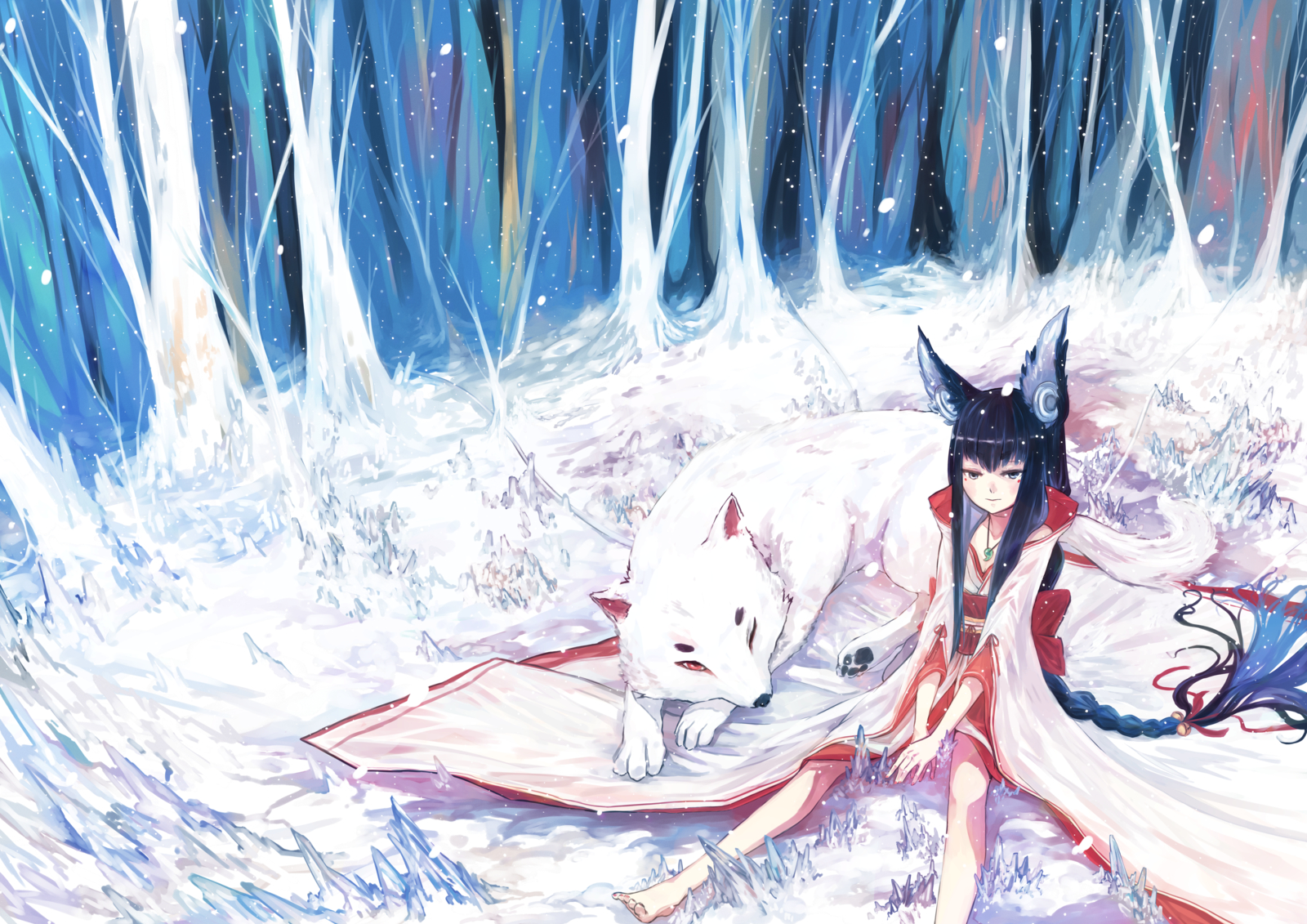 Anime, CG, Pictures, animal, barefoot, black, hair, blue, eyes, braids, dress, jewelry, long, ookami, mimi, snow, tree, winter, , , picture, , |, , 