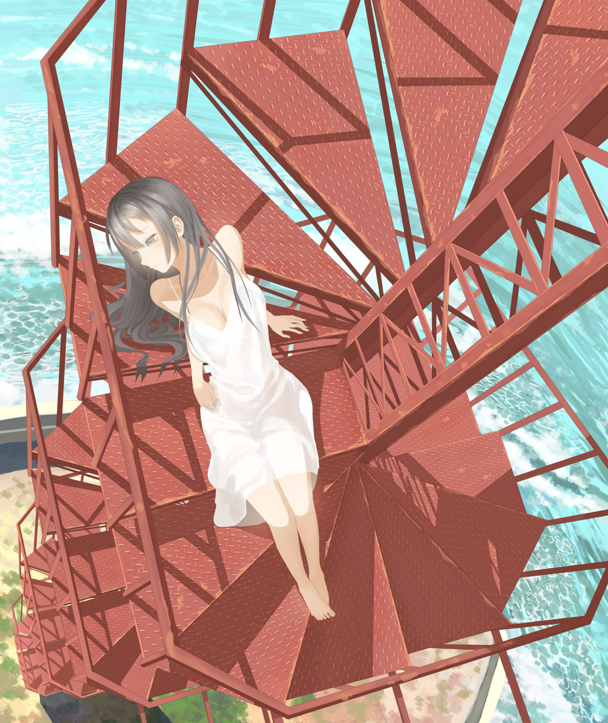 Anime, CG, Pictures, barefoot, grey, eyes, hair, long, sundress, water, , , picture, , |, , 