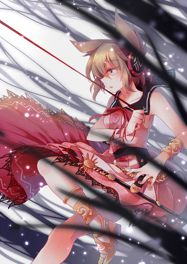 Touhou, Toyosatomimi, Miko, brown, hair, earmuffs, jewelry, ribbon, sandals, short, skirt, snow, sword, yellow, eyes, , , anime, picture, , |, , , pictures