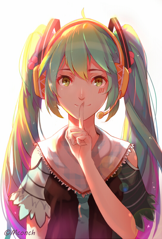 Vocaloid, Hatsune, Miku, ahoge, green, eyes, hair, headphones, long, microphone, smile, tattoo, twin, tails, , , anime, picture, , |, , , pictures