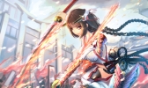 Anime CG Anime Pictures      180457
braids brown hair fire long red eyes smile sword thigh highs   anime picture
