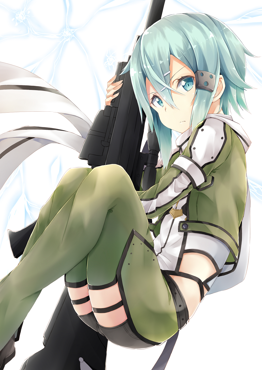Sword, Art, Online, Sinon, blue, eyes, hair, jacket, scarf, short, shorts, , , anime, picture, , |, , , pictures