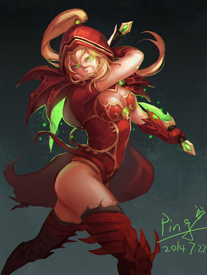 World, Warcraft, Valeera, Sanguinar, blonde, hair, cloak, green, eyes, long, thigh, highs, weapon, , , anime, picture, , |, , , pictures