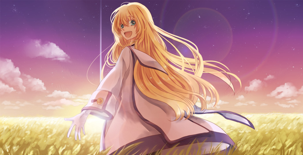 Tales, Symphonia, Colette, Brunel, blonde, hair, blue, eyes, choker, dress, gloves, happy, long, sunset, , , anime, picture, , |, , , pictures