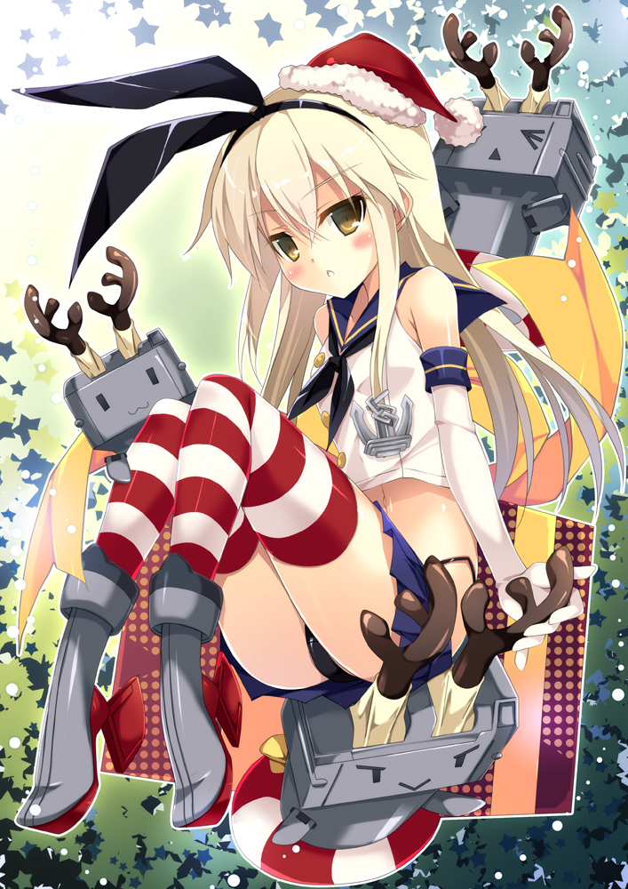 Kantai, Collection, Rensouhou, chan, Shimakaze, >, _<, anthropomorphism, bikini, blonde, hair, boots, christmas, gloves, band, horns, long, skirt, snow, stars, thigh, highs, water, float, weapon, yellow, eyes, , , anime, picture, , |, , , pictures
