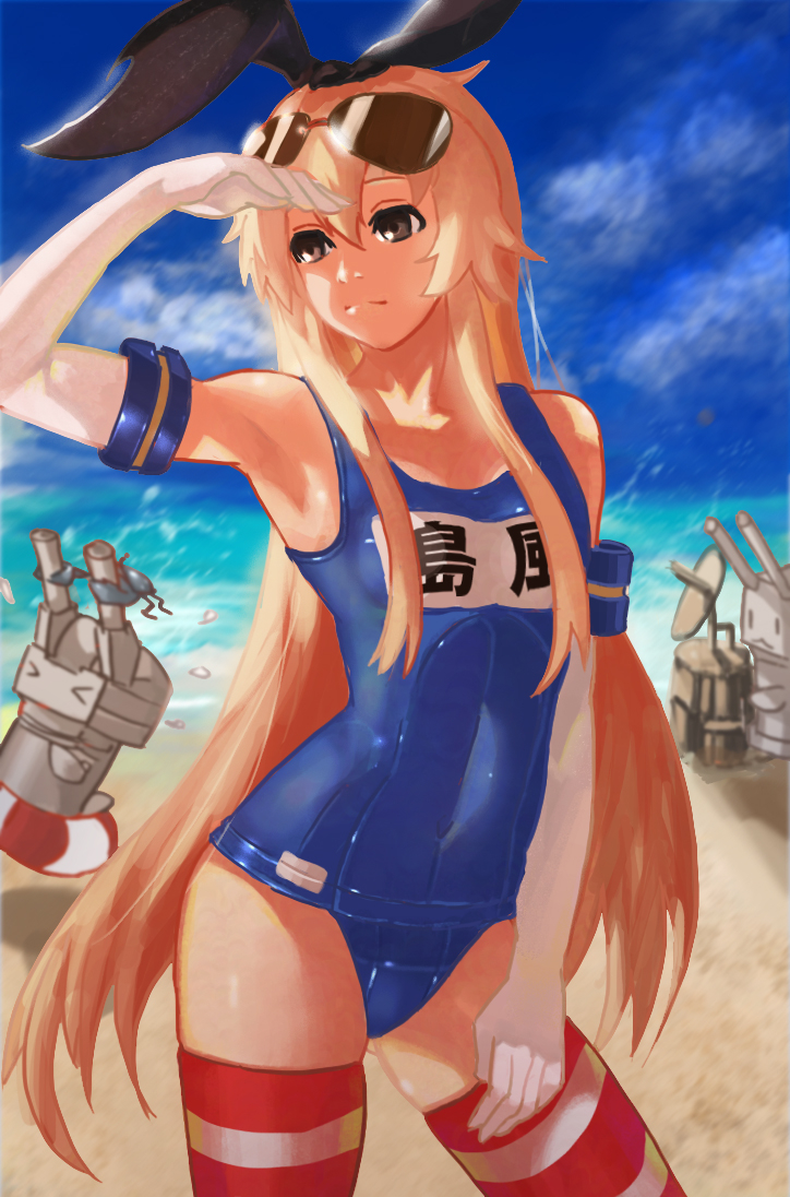 Kantai, Collection, Rensouhou, chan, Shimakaze, >, _<, anthropomorphism, beach, black, eyes, blonde, hair, gloves, band, long, school, mizugi, smile, sunglasses, thigh, highs, water, float, , , anime, picture, , |, , , pictures