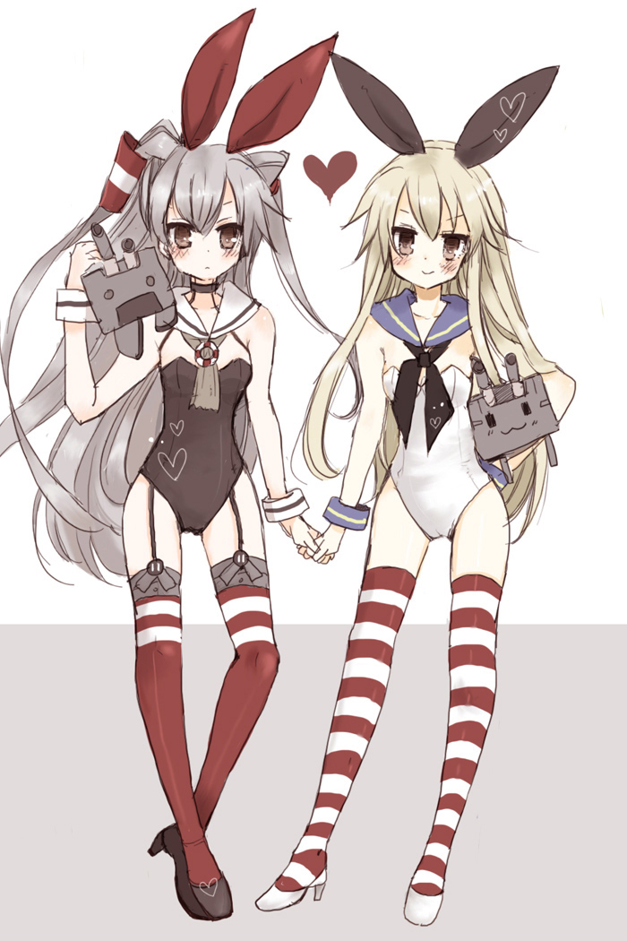 Kantai, Collection, Amatsukaze, Rensouhou, chan, Shimakaze, anthropomorphism, blonde, hair, bodysuit, brown, eyes, choker, high, heels, long, ribbon, thigh, highs, twin, tails, mimi, weapon, white, , , anime, picture, , |, , , pictures