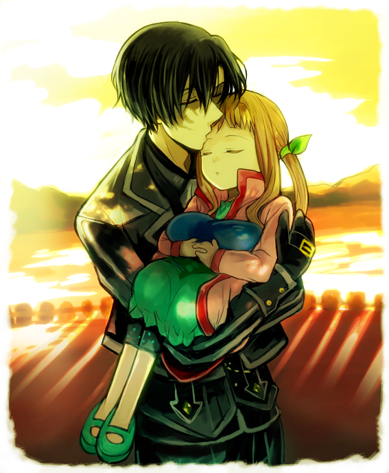 Tales, Xillia, Elle, Mel, Mata, Victor, black, hair, blonde, child, gloves, jacket, kiss, long, ribbon, short, sleep, suit, sunset, water, , , anime, picture, , |, , , pictures