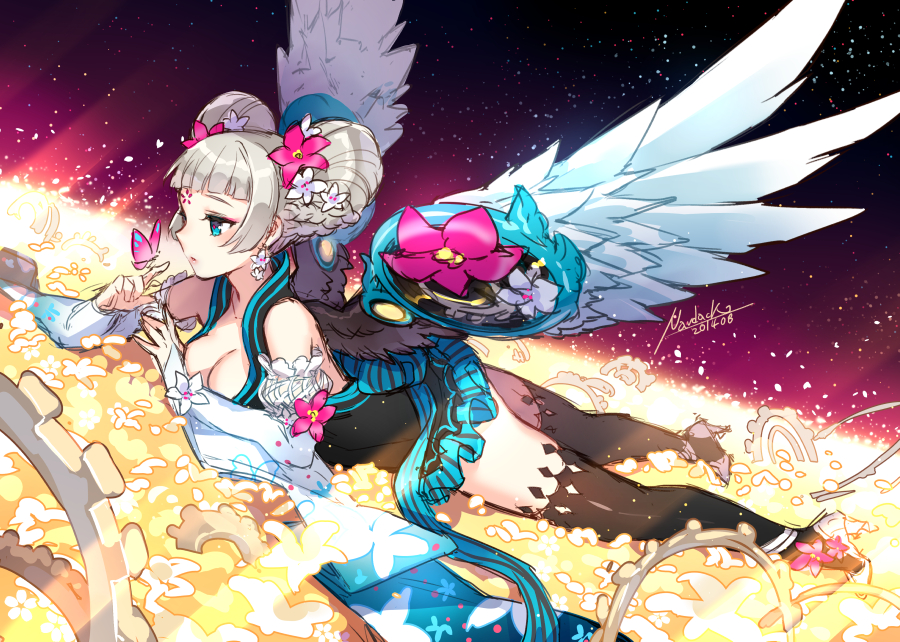 Anime, CG, Pictures, blue, eyes, butterfly, dress, flower, grey, hair, odango, short, thigh, highs, wings, , , picture, , |, , 