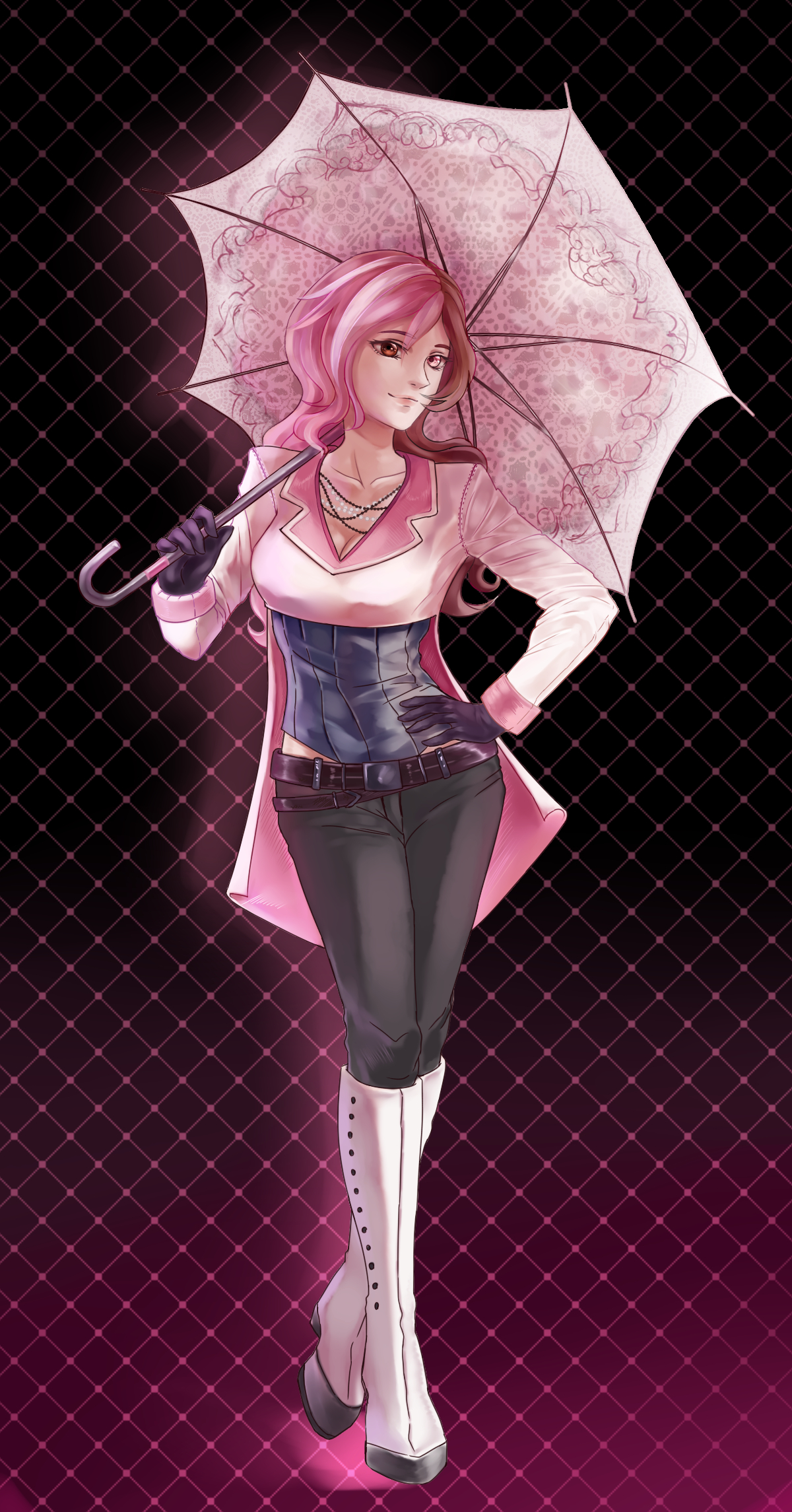 RWBY, Neo, Politan, boots, brown, eyes, hair, gloves, heterochromia, jewelry, long, pants, pink, purple, smile, umbrella, , , anime, picture, , |, , , pictures