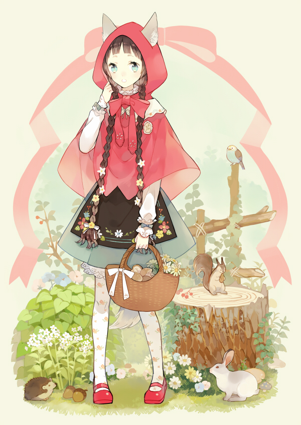 Fairy, Tales, Red, Riding, Hood, animal, ears, blue, eyes, blush, braids, brown, hair, cloak, dress, flower, food, long, pantyhose, ribbon, tail, usagi, , , anime, picture, , |, , , pictures