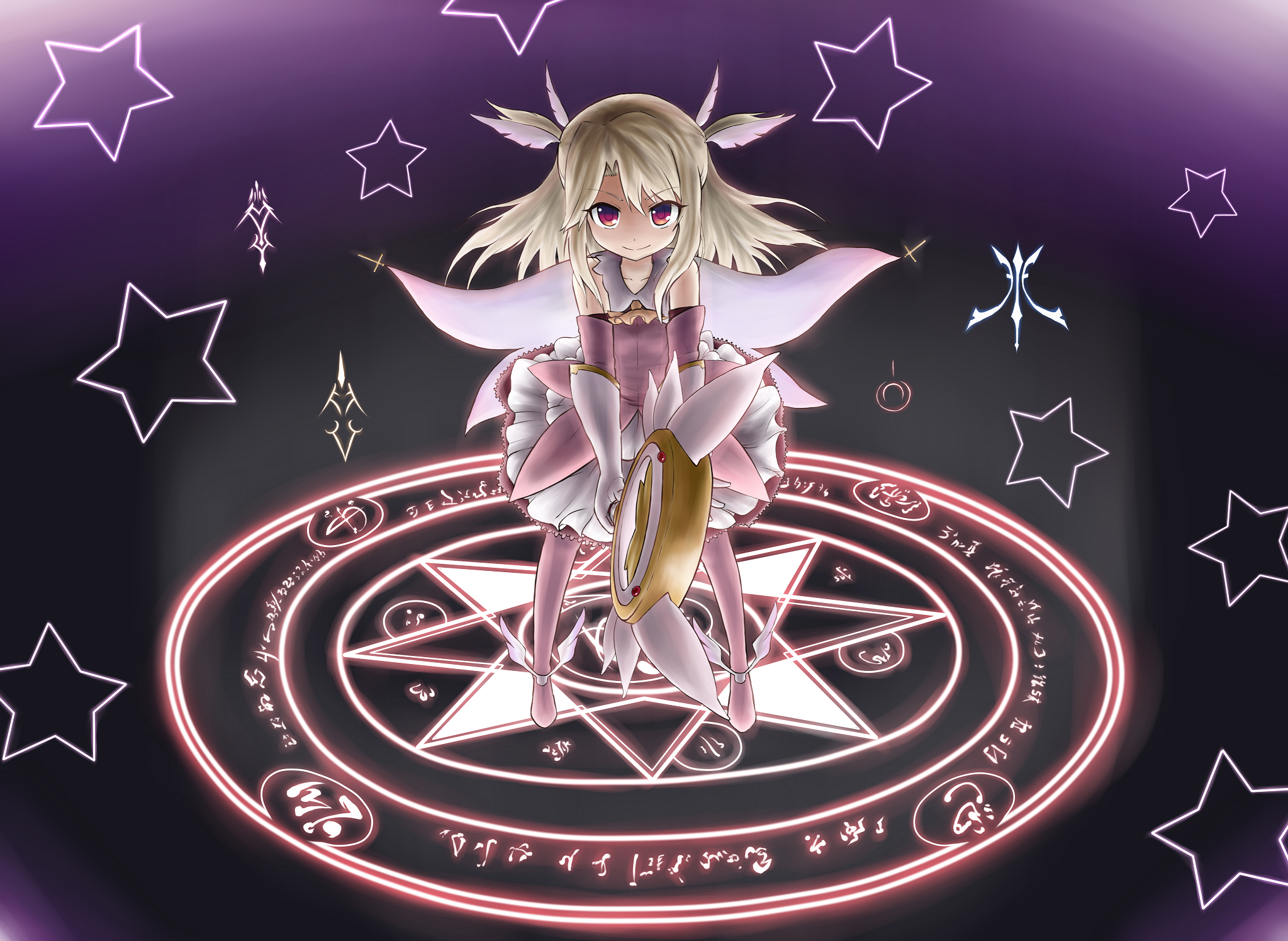 Fate, kaleid, liner, Prisma, Illya, Illyasviel, Einzbern, blonde, hair, boots, gloves, long, magic, mahou, shoujo, eyes, ribbon, smile, stars, twin, tails, wand, , , anime, picture, , |, , , pictures