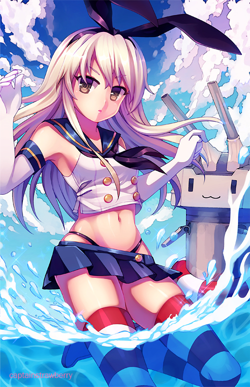 Kantai, Collection, Rensouhou, chan, Shimakaze, anthropomorphism, bikini, blonde, hair, boots, brown, eyes, gloves, band, long, skirt, thigh, highs, water, float, weapon, , , anime, picture, , |, , , pictures