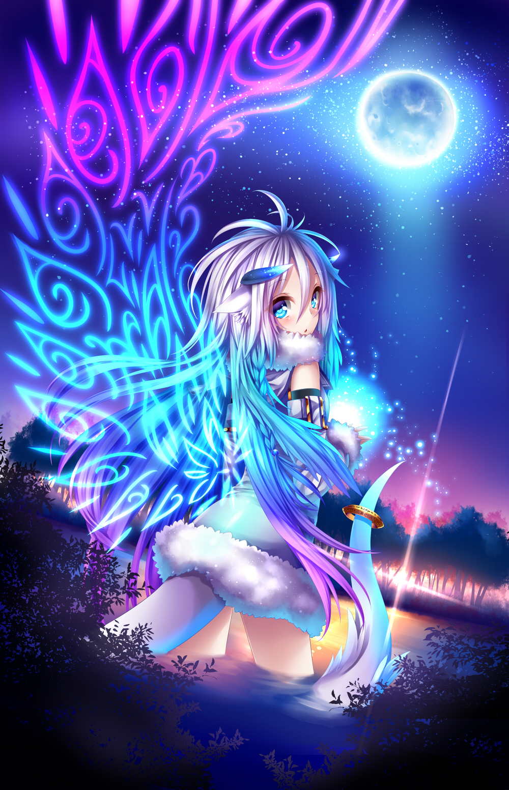 Anime, CG, Pictures, ahoge, animal, ears, blue, eyes, hair, blush, braids, dress, grey, horns, long, magic, moon, night, pink, stars, tail, tree, water, wings, , , picture, , |, , 
