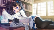 Anime CG Anime Pictures      181262
black hair blue eyes book computer long megane side tail skirt thigh highs wallpaper   anime picture