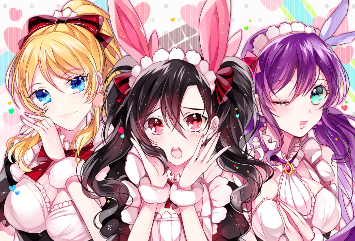 Love, Live, School, Idol, Project, Ayase, Eli, Toujou, Nozomi, Yazawa, Nico, black, hair, blonde, blue, eyes, curly, green, group, headdress, heart, jewelry, long, ponytail, purple, ribbon, twin, tails, wink, , , anime, picture, , |, , , pictures