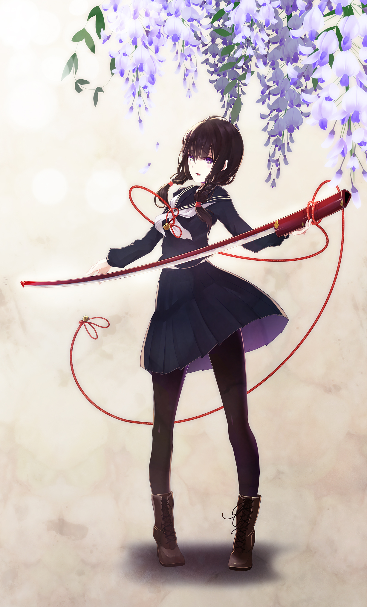 Anime, CG, Pictures, black, hair, blush, boots, flower, long, pantyhose, purple, eyes, seifuku, sword, twin, tails, , , picture, , |, , 