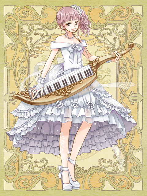 Psychic, Hearts, blush, brown, eyes, curly, hair, dress, flower, headdress, high, heels, jewelry, long, musical, instrument, purple, ribbon, side, tail, smile, , , anime, picture, , |, , , pictures