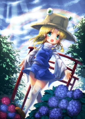 Touhou : Moriya Suwako 181553
 668154  touhou  moriya suwako   ( Anime CG Anime Pictures      ) 181553   : Ayakashi
blonde hair blush flower green eyes happy hat rainbow ribbon short skirt sky thigh highs tree water wet   anime picture