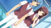 Saimin Enbu : Aoba Asuka 181608
blue eyes hair blush brown couple holding hands long pants ribbon short smile tie wallpaper   anime picture