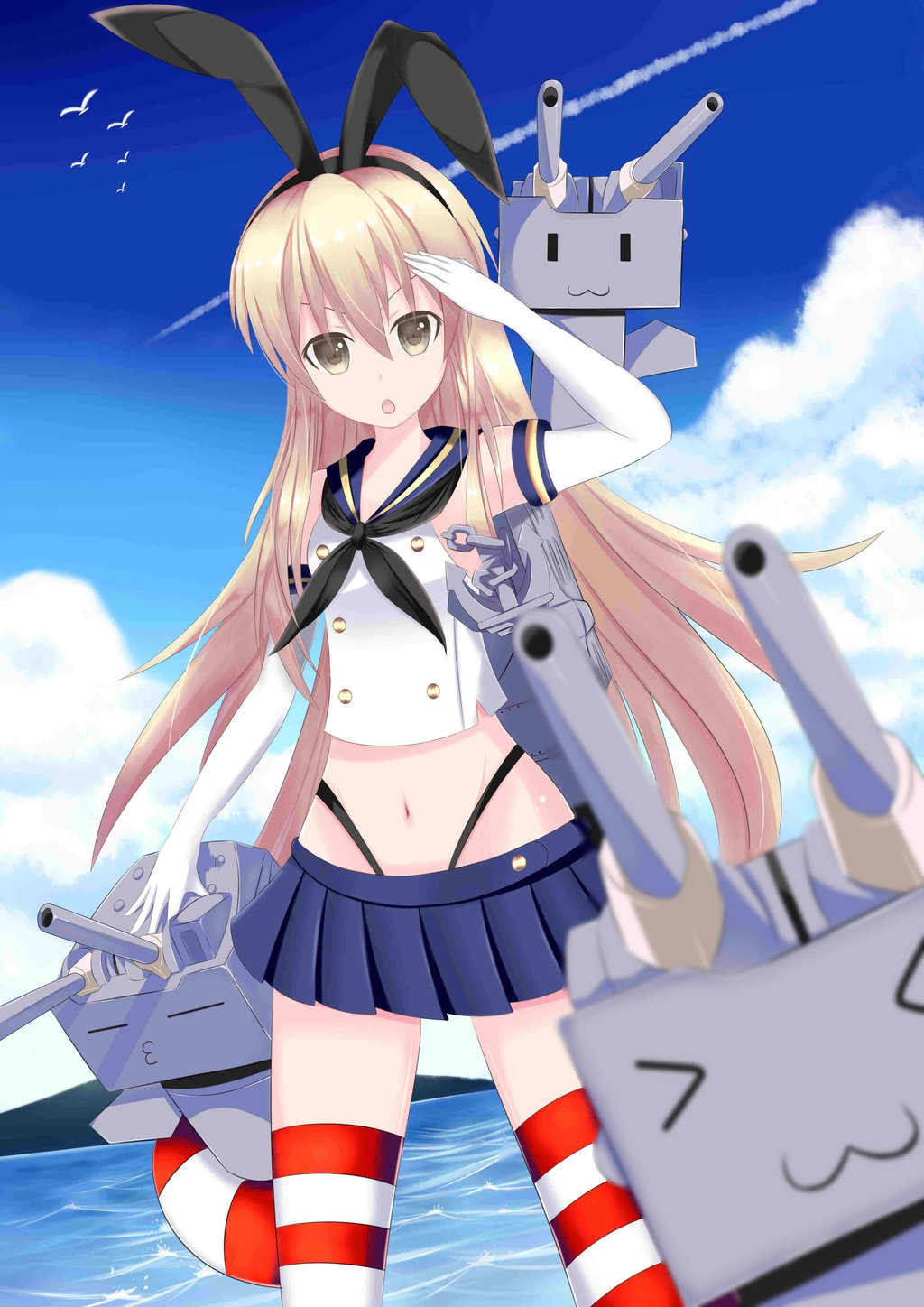 Kantai, Collection, Rensouhou, chan, Shimakaze, >, _<, anthropomorphism, bikini, blonde, hair, brown, eyes, gloves, band, long, skirt, thigh, highs, water, float, weapon, , , anime, picture, , |, , , pictures